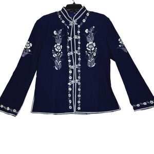 Vintage Artisan Womens XL Blue Shirt Jacket Button Front White Floral Embroidery